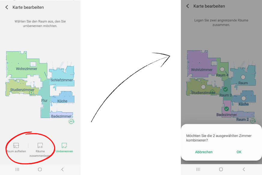 Räume werden in der SmartThings App des Samsung Jet Bot AI+ geteilt bzw. zusammengeführt.